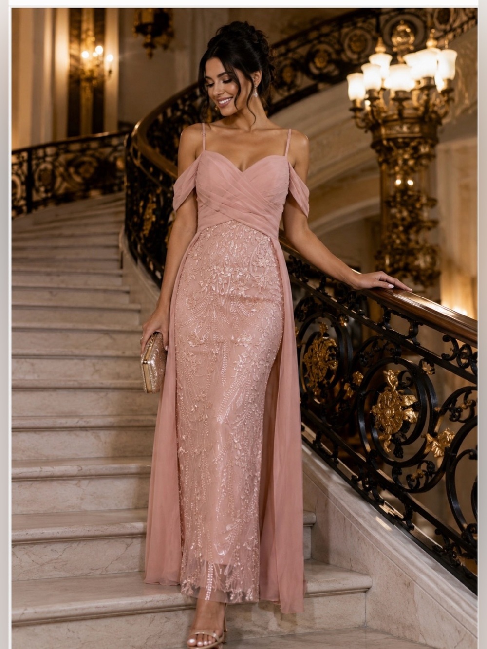 JJs House Dusty Rose Off-Shoulder Sequin Prom Gown